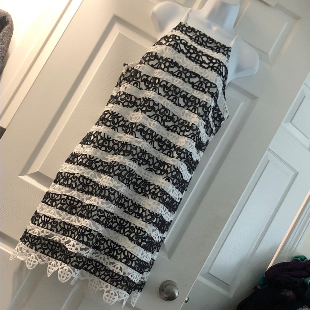 buttons Black and White Lace-Stripes Mini Dress